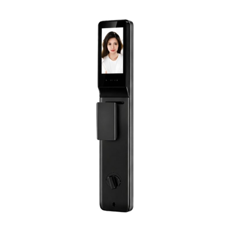 Serrure connectée D7 Plus vue de face, écran de reconnaissance faciale 3D allumé